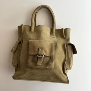 Club Monaco Crest Sand Suede Safari Pocket Square Tote Bag Purse